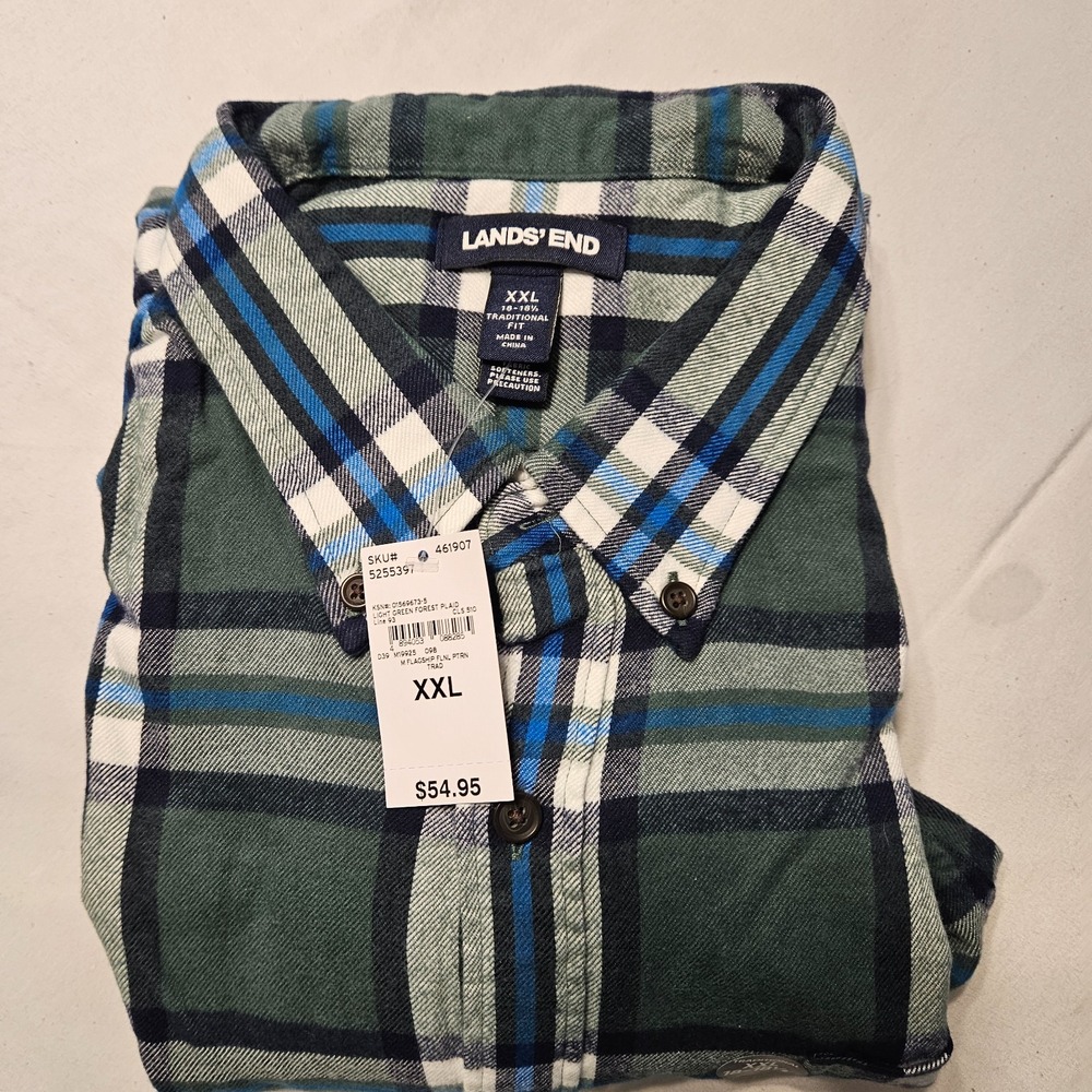 Land's End Mens Flannel Plaid Green/Blue Button Down XXL Preppy Cabincore Cozy - Picture 2 of 3